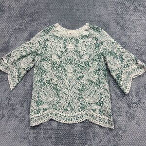 Solitaire Women's Green and White Lace Bell Sleeve Top Size Large